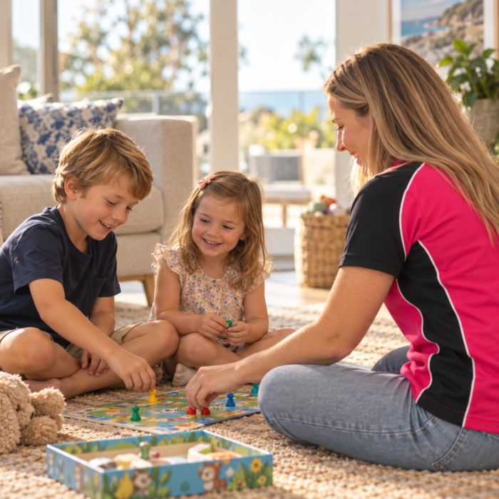 Babysitter playing a board game with two children at home