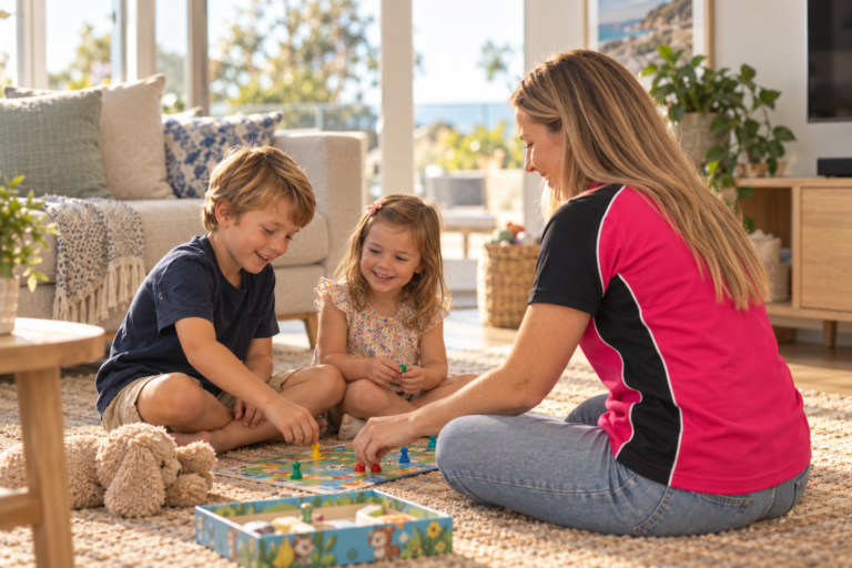 Babysitter playing a board game with two children at home